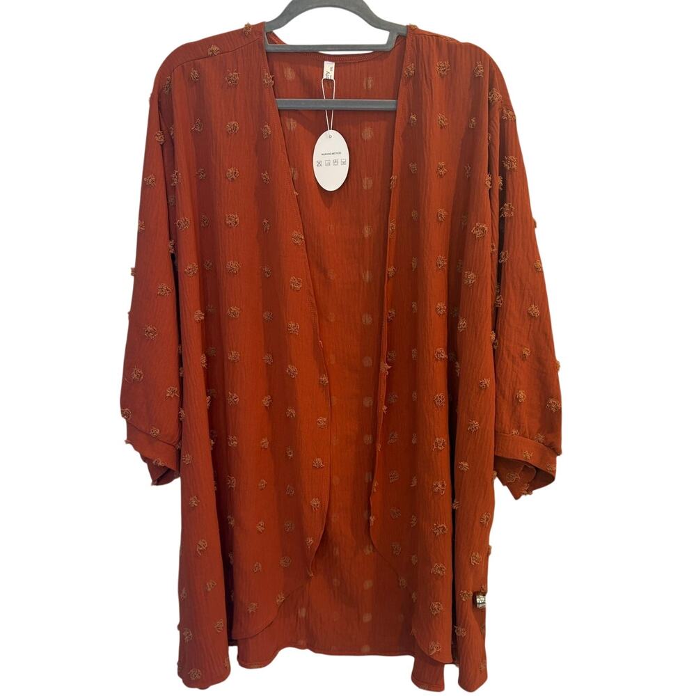 Rust Swiss Dot Kimono Cardigan Open Front Clip Dot Wrap Tunic Plus Size 3XL NEW
